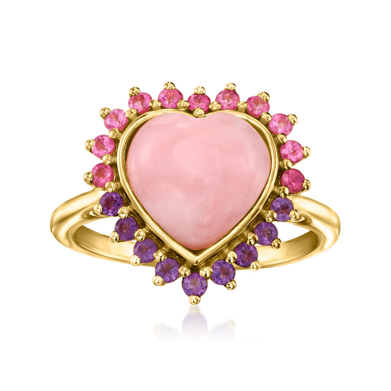Gold heart gemstone ring with pink center and pink and purple stones in a halo