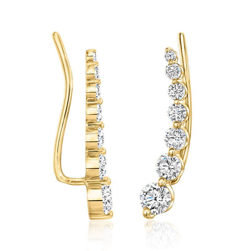 14kt yellow gold diamond ear climber earrings with linked oval stones, side view