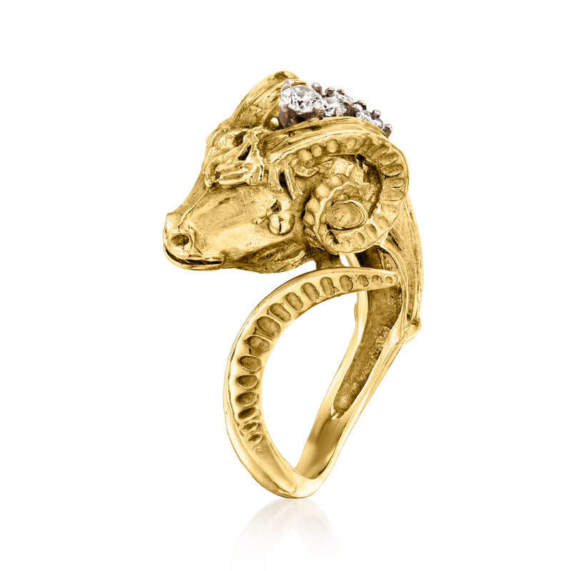 18kt yellow gold ram head ring with round diamond accents and open band