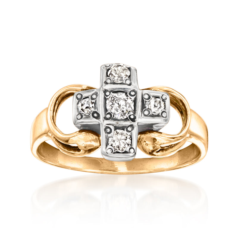 Vintage yellow gold X diamond ring with central square cluster and side stones