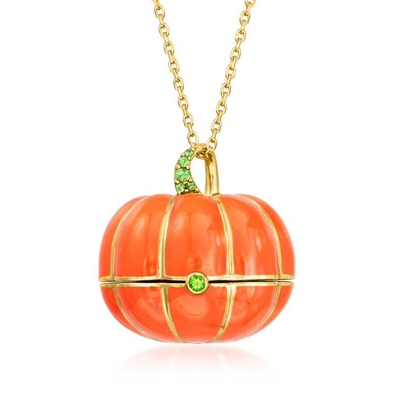 Orange enamel pumpkin ghost pendant necklace with gold-tone frame and green gem