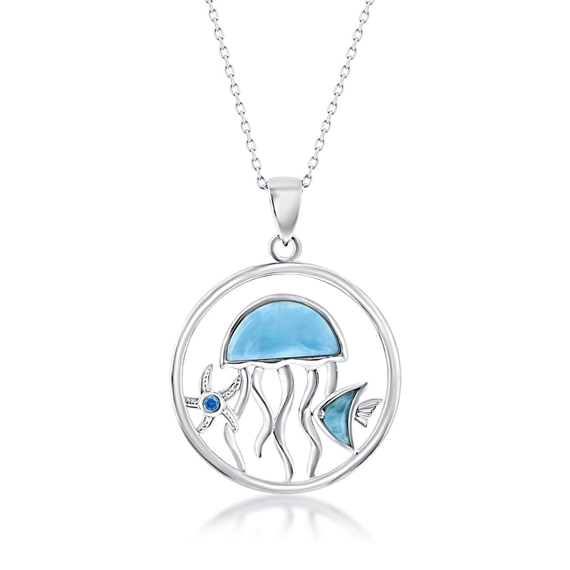 Sterling silver sea life pendant necklace with round blue jellyfish medallion