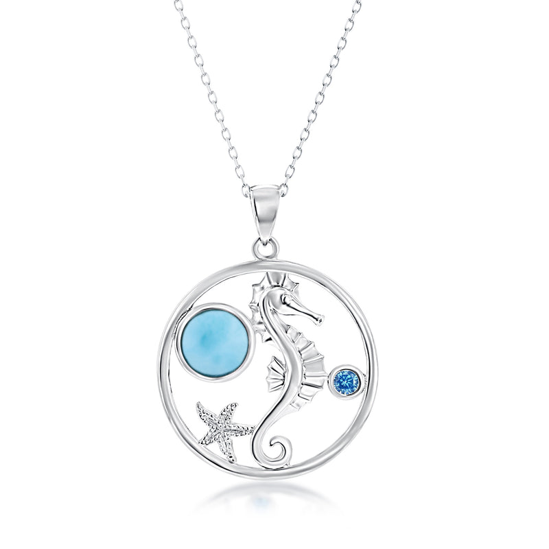 Sterling silver round pendant necklace with blue simulated topaz, seahorse and starfish
