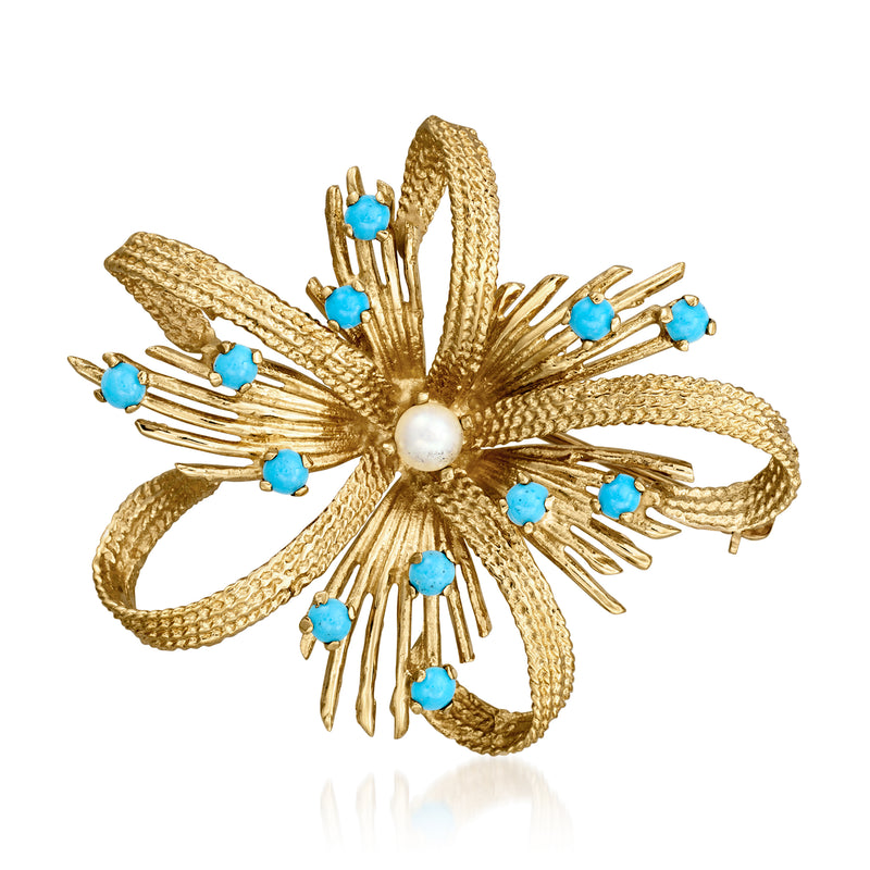 Gold ribbon flower pin with blue simulated turquoise stones and single white pearl center