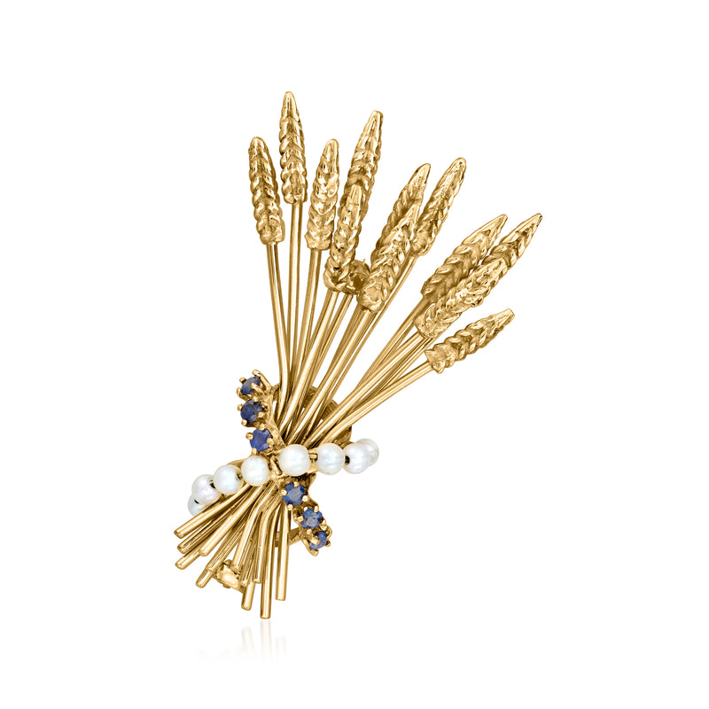 Vintage 14kt yellow gold wheat pin with cultured pearls and blue sapphire accents