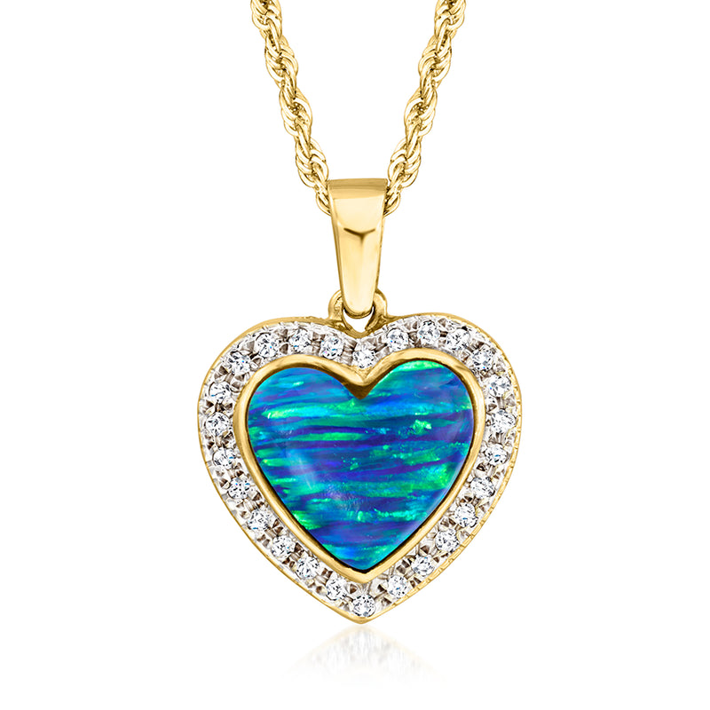 Vintage heart opal pendant necklace, 14kt yellow gold with diamond halo, gold chain