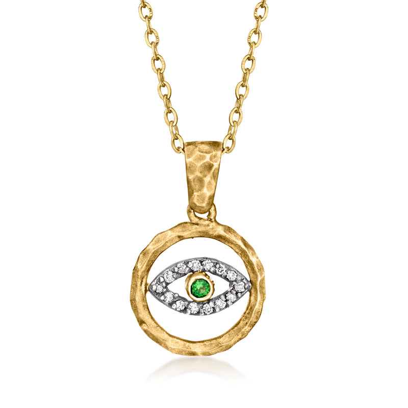 Vintage evil eye pendant necklace with green gemstone center and diamond halo