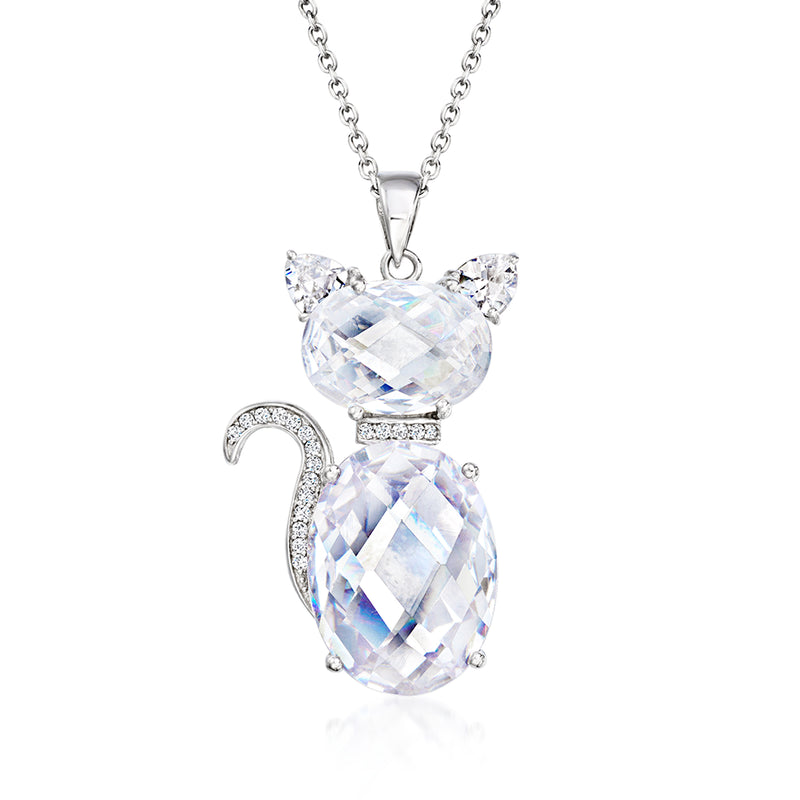 Sterling silver sitting cat pendant necklace with clear CZ stones and link chain