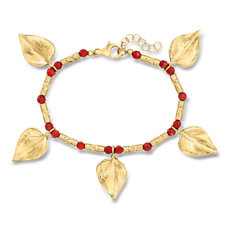Gold leaf charm beaded bracelet with red beads and toggle clasp.