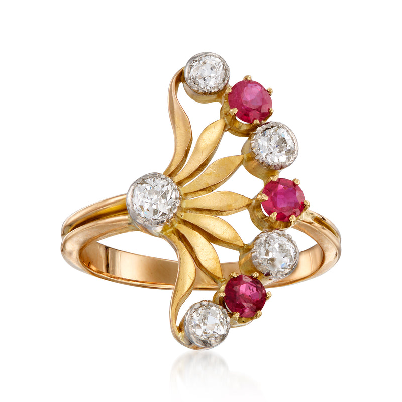 Vintage 18kt yellow gold fan ring with round diamonds and red ruby stones