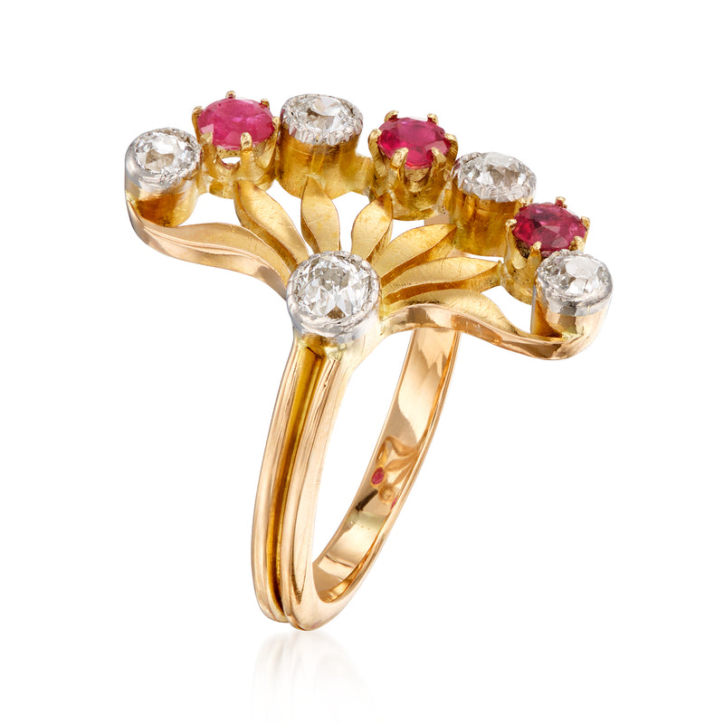 Vintage yellow gold fan ring, set with red ruby ovals and round diamonds