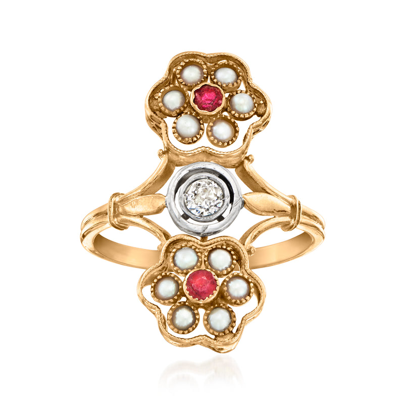 Vintage yellow gold flower ring with ruby center, white pearls and round diamond accents