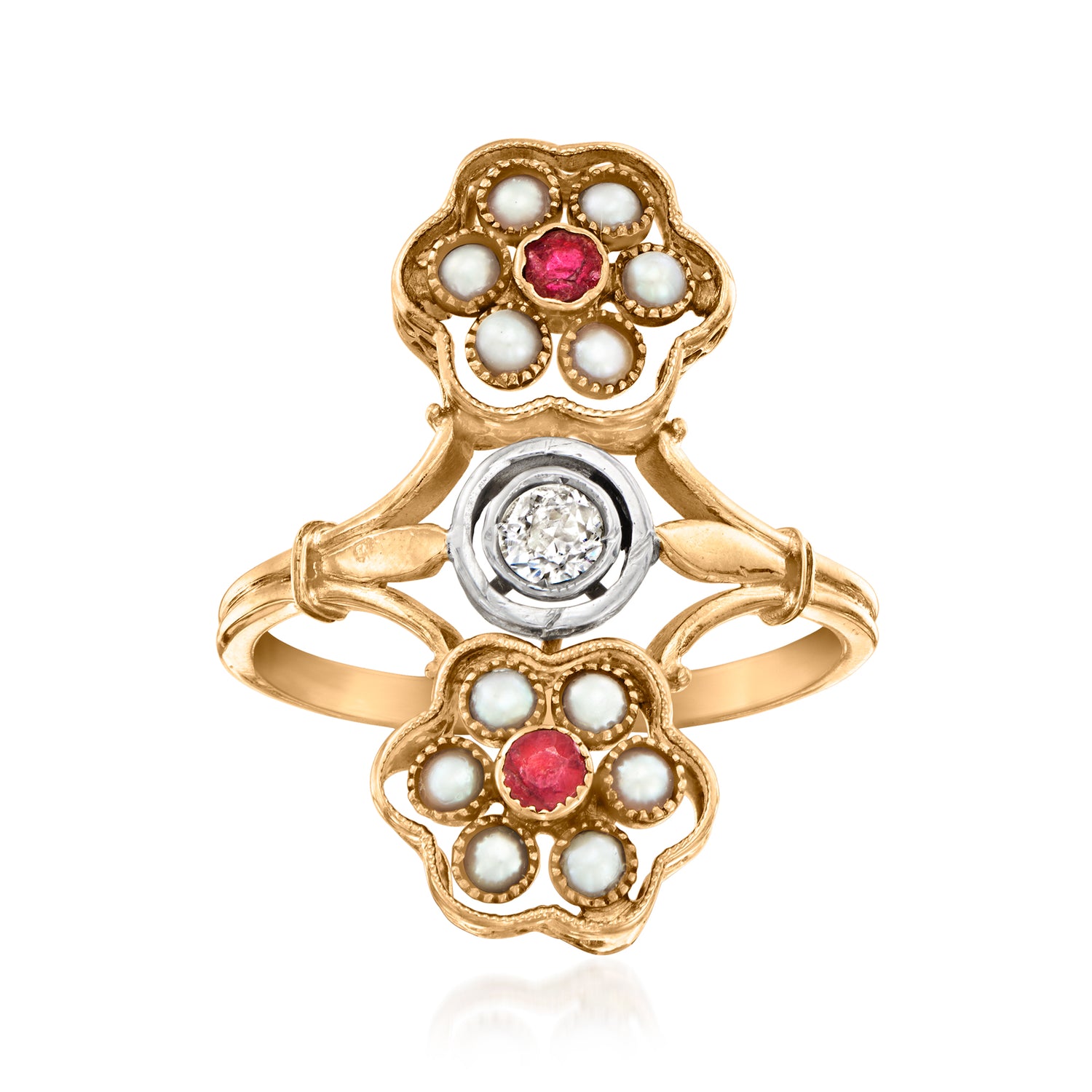 C. 1920 Vintage .12 Carat Diamond and .10 ct. t.w. Ruby Flower Ring with Seed Pearls in 15kt Yellow Gold