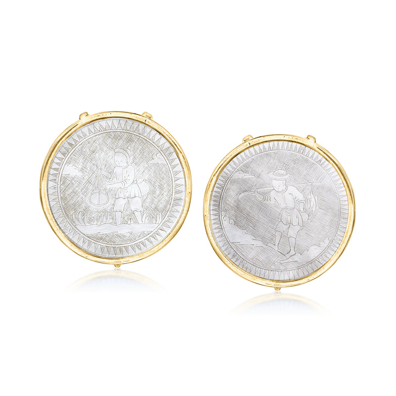 Carved mother-of-pearl round post earrings, 14kt yellow gold bezel