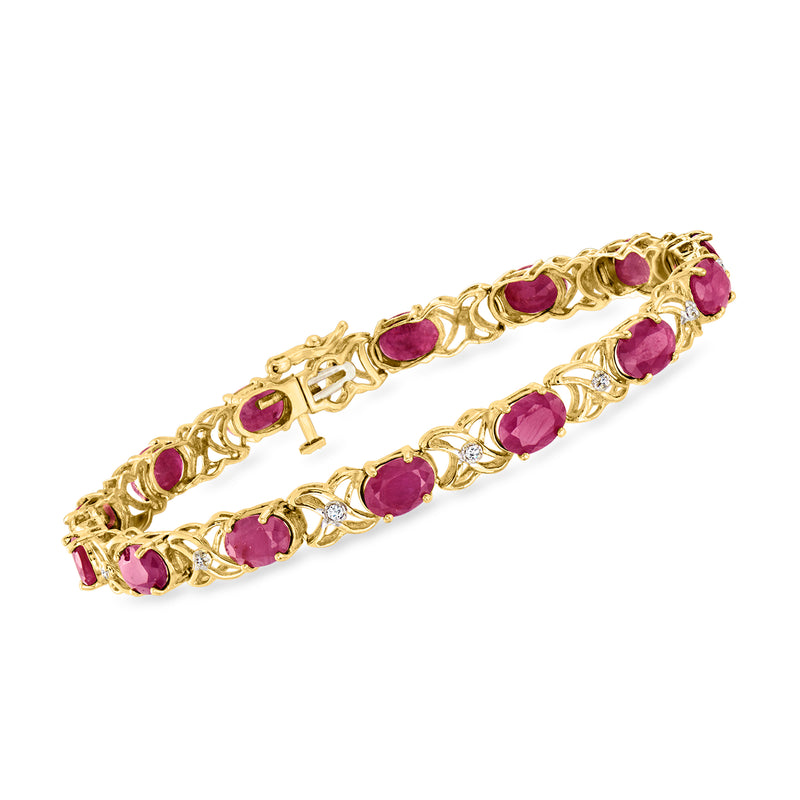 10kt yellow gold ruby and diamond XO bracelet with oval rubies and small white accents