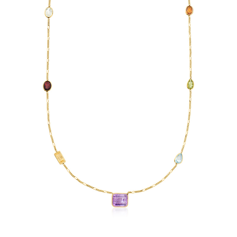 14kt yellow gold vintage station necklace with multicolor gemstones and station beads