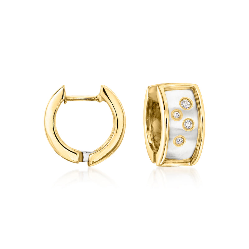 Yellow gold hoop earrings with white inset and four round diamonds, hinged clasp