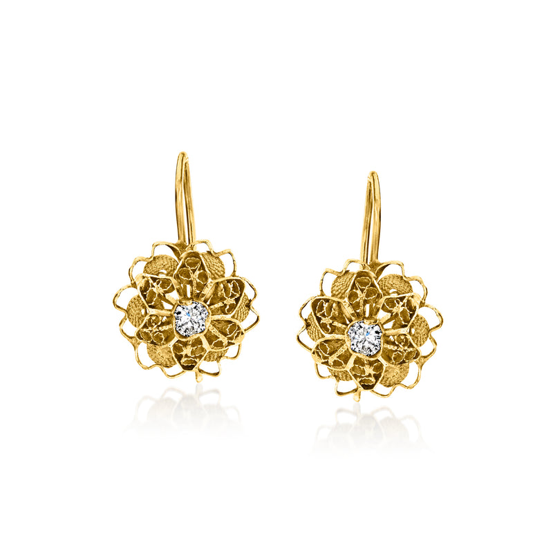 Vintage 18kt yellow gold floral drop earrings with round diamond centers