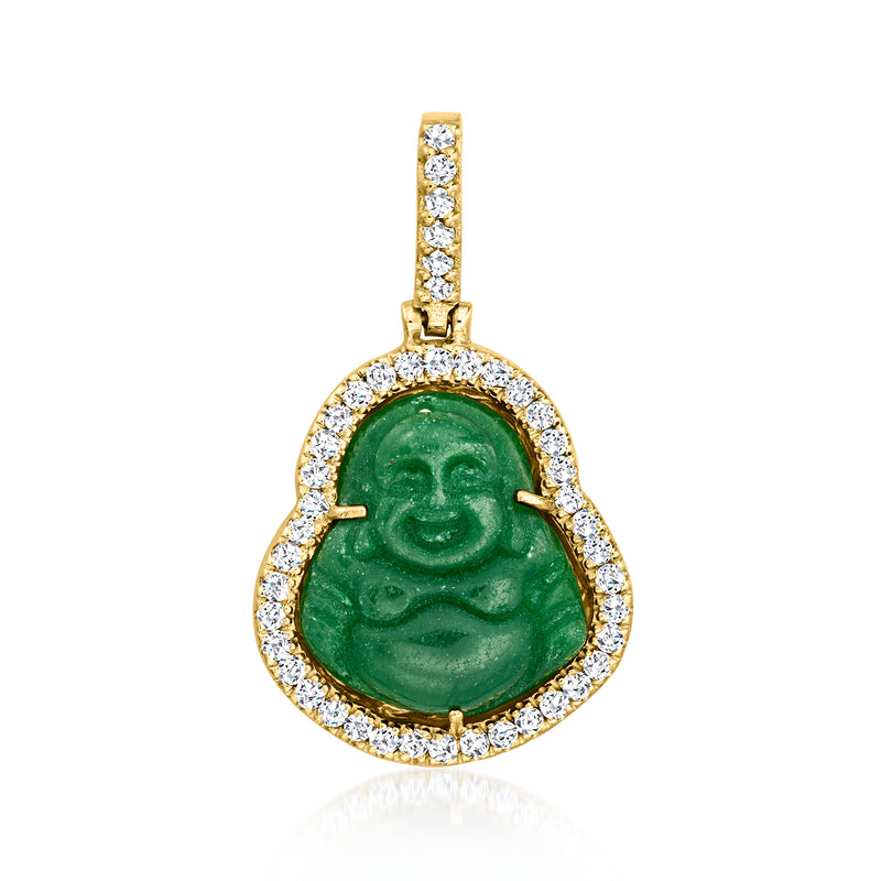 14kt yellow gold green chalcedony Buddha pendant with diamond halo, teardrop frame