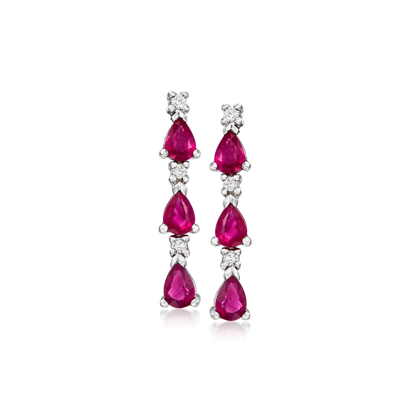 Ruby and diamond drop earrings in white gold, three teardrop rubies each.