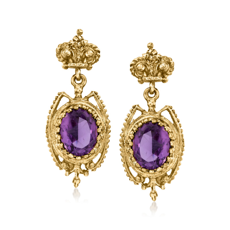 Gold drop earrings with oval purple amethyst gemstone and ornate filigree settings