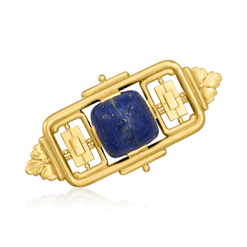 Vintage lapis bar pin in 14kt yellow gold with blue square stone, rectangular frame.