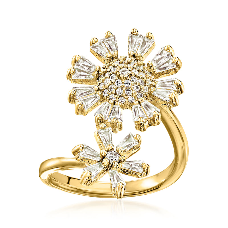 Gold-over-sterling CZ double-flower bypass ring with clear round and baguette stones