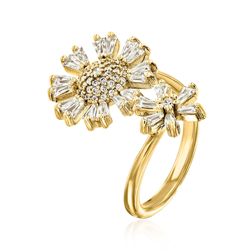 Gold-over-sterling bypass ring with two flower clusters and clear CZ stones
