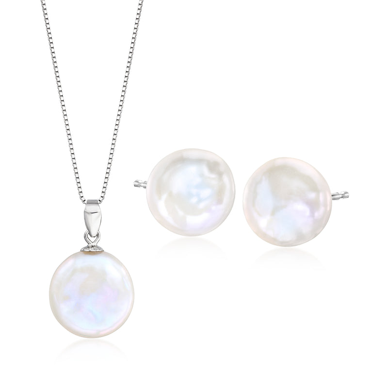 Cultured pearl jewelry set: sterling silver chain with coin pearl pendant and stud earrings.
