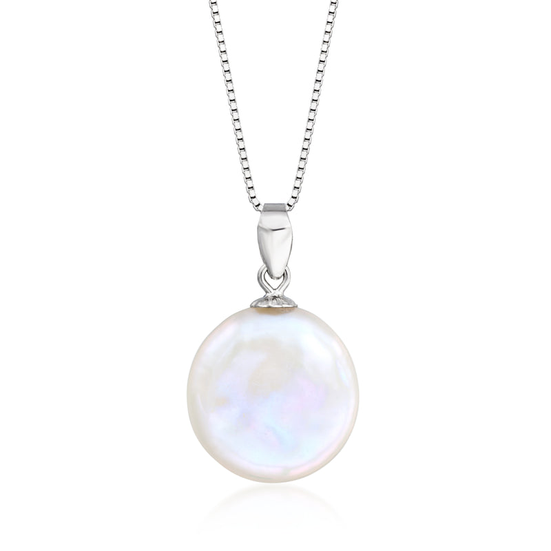 Sterling silver coin pearl pendant necklace with round pearl drop on chain.