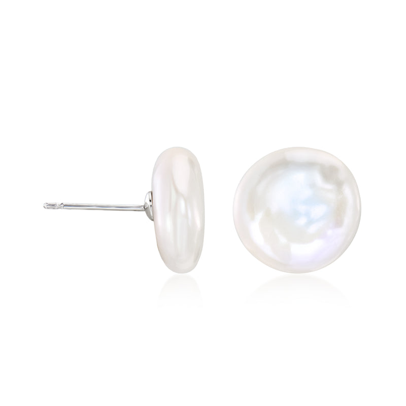 Sterling silver coin pearl stud earrings, round pearls with post backs.