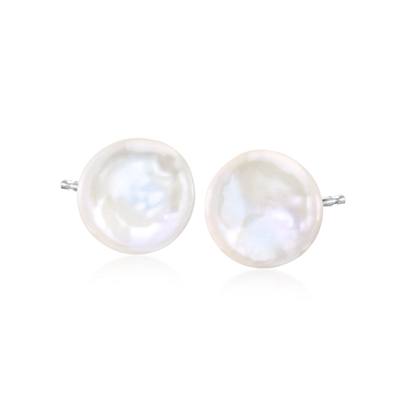 Coin pearl stud earrings in sterling silver with round iridescent pearls.