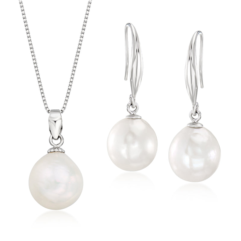 Sterling silver pearl jewelry set: round white drop earrings and pendant necklace