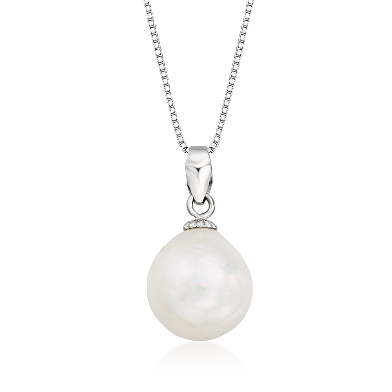 Sterling silver pearl pendant with round white pearl and bail on chain