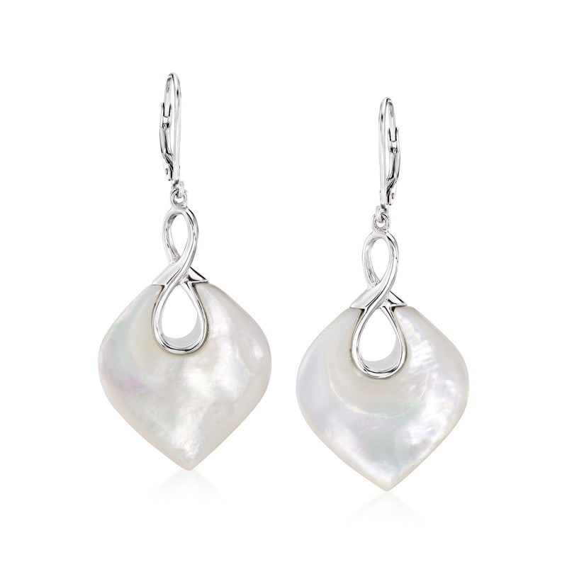 Sterling silver leverback drop earrings with mother-of-pearl teardrops