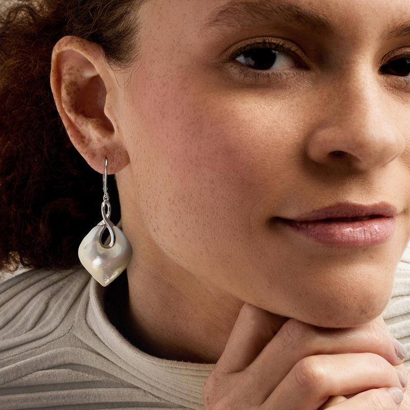Mother-of-pearl drop earring on leverback, side view on model