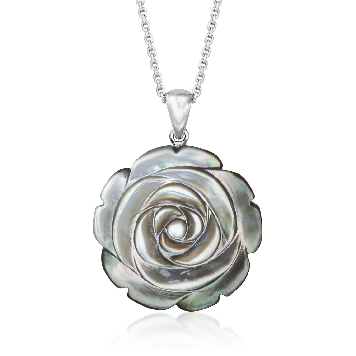 Carved Black Mother-of-Pearl Rose Pendant Necklace in Sterling Silver