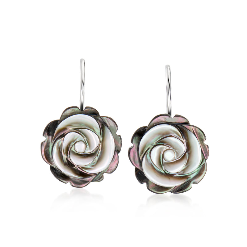 Sterling silver rose drop earrings with carved mother-of-pearl petals, leverbacks.