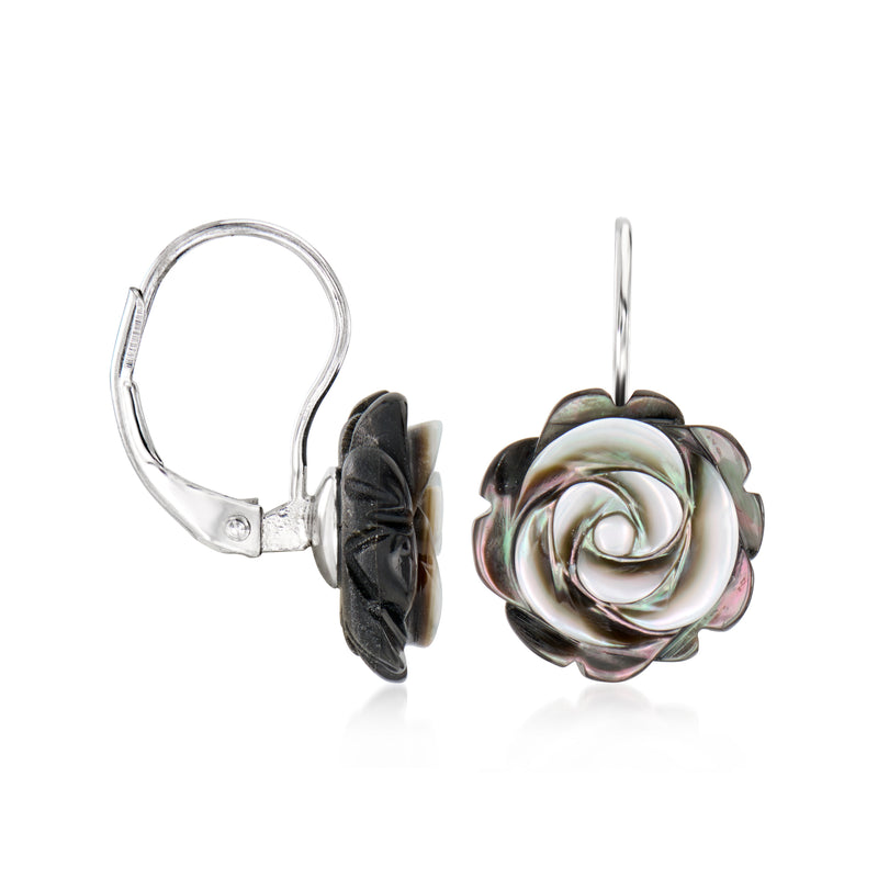 Sterling silver rose drop earrings with carved mother-of-pearl petals, black backing, leverbacks.