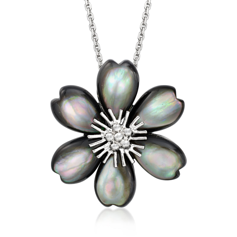Black mother-of-pearl flower pendant necklace with sterling silver prong setting