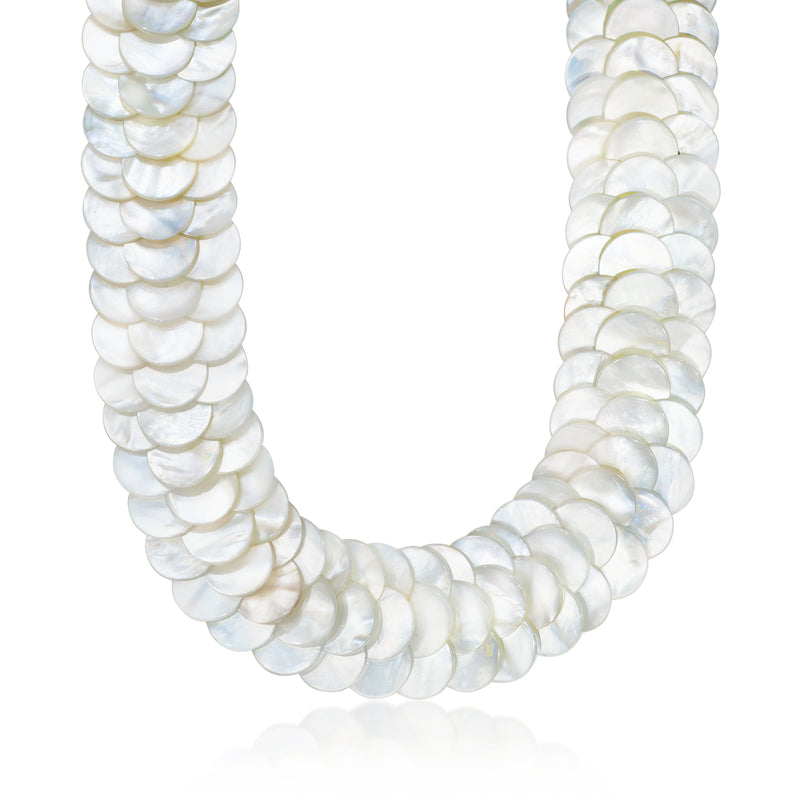 Multi-row mother-of-pearl disc necklace with sterling silver chain, white iridescent discs