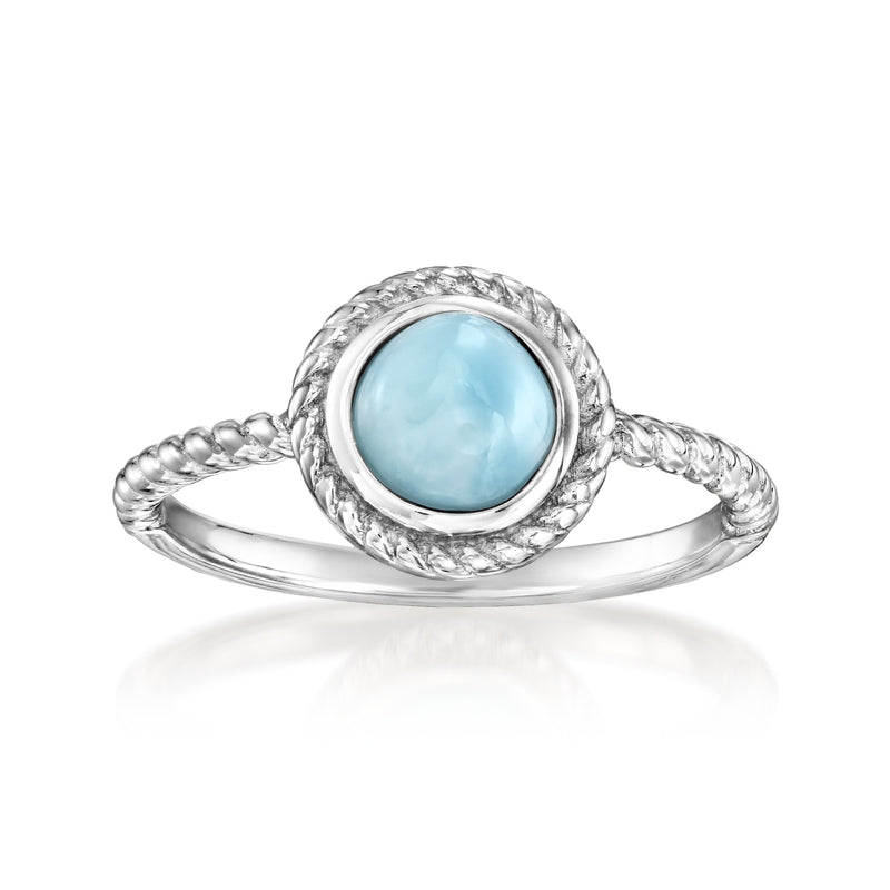 Sterling silver rope ring with oval light-blue Larimar cabochon