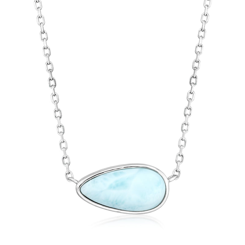 Sterling silver necklace with pear-shaped light-blue larimar pendant on link chain