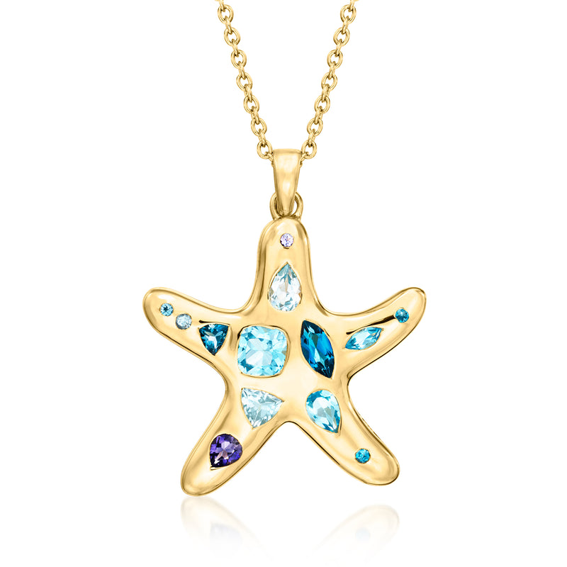 Gold starfish pendant necklace with blue and purple gemstone accents, fine chain