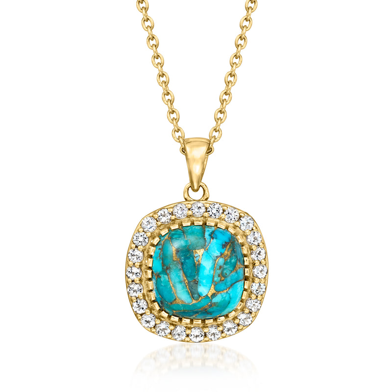 Gold over sterling pendant necklace with turquoise cabochon center and white topaz halo
