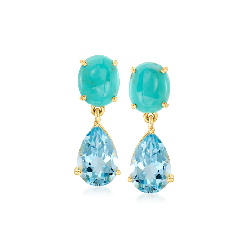 Gold drop earrings with turquoise oval and sky-blue pear gemstones, dangling