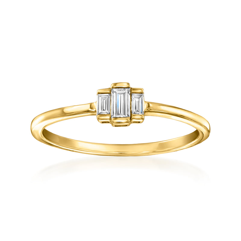 Three-stone lab-grown diamond ring in 14kt yellow gold, emerald-cut center and side stones