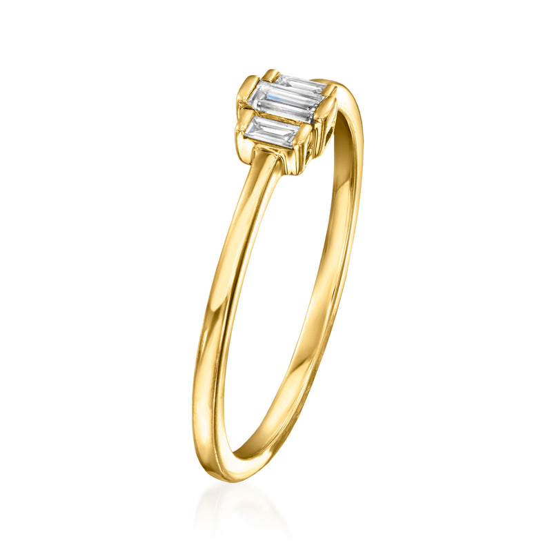 Three-stone diamond ring with emerald-cut stones, 14kt yellow gold side view