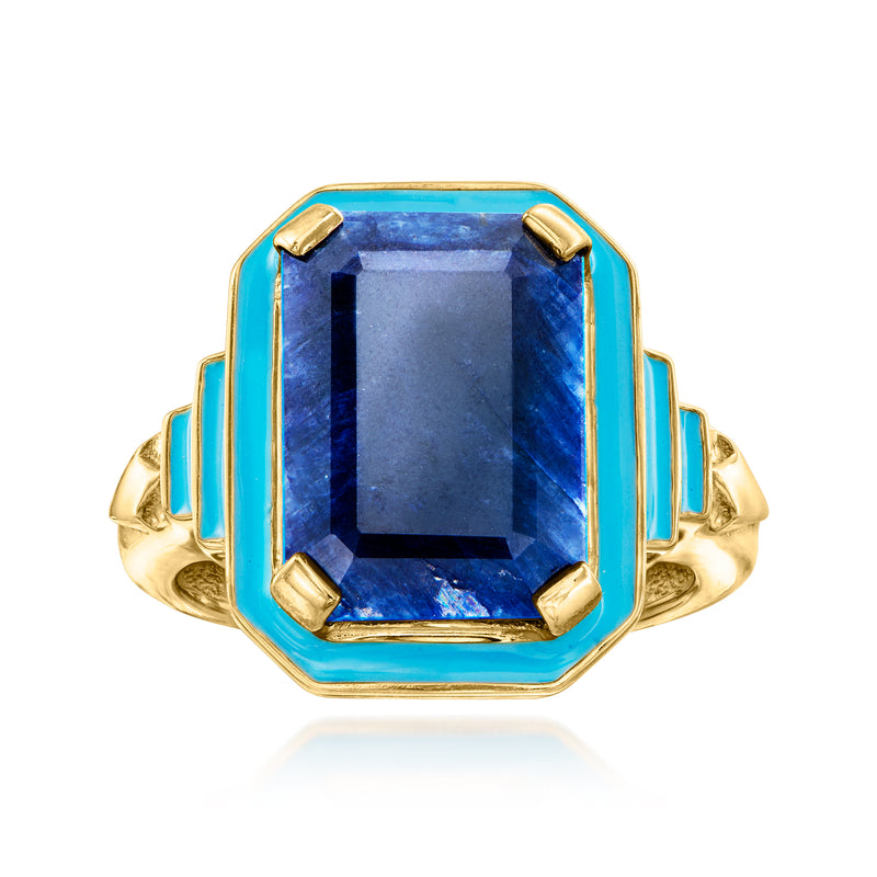 Octagon sapphire-style ring with blue enamel bezel, gold over sterling