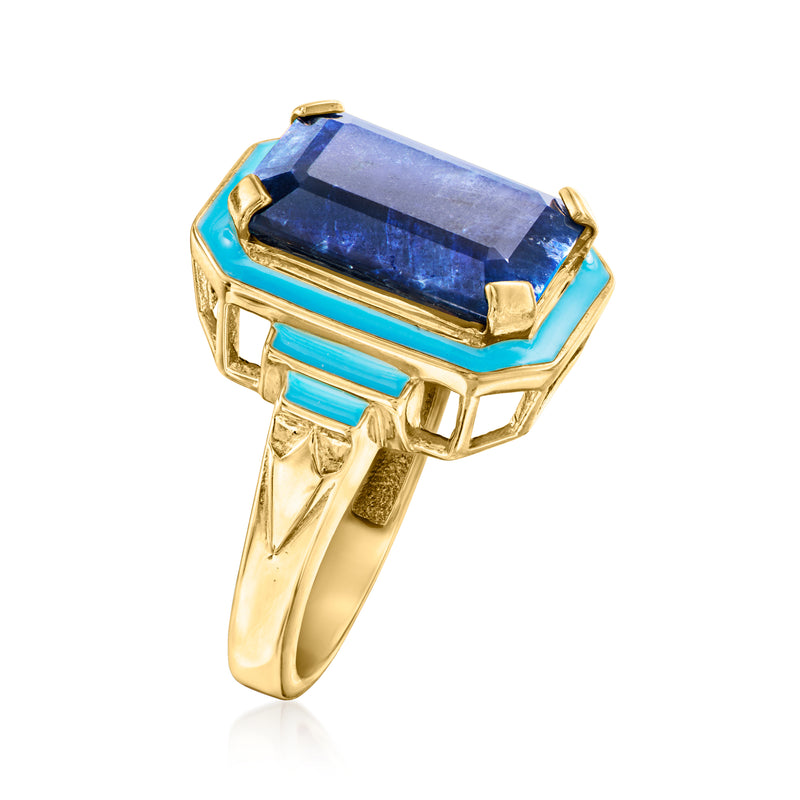 Blue sapphire-style ring side view, octagon stone with blue enamel border, gold setting